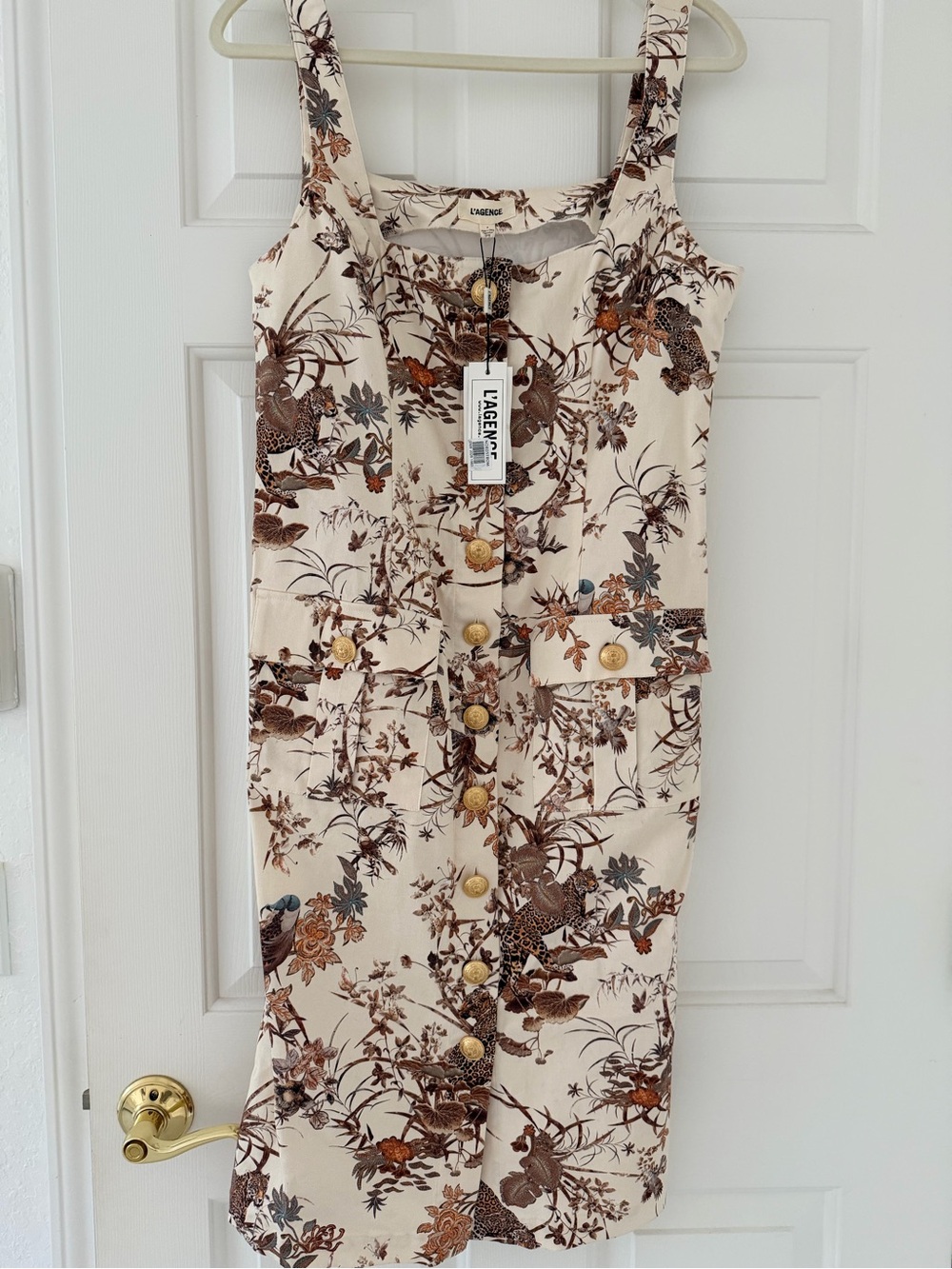 L'AGENCE Cream Floral Button-Front Sheath Dress with Brown Print - Picture 2 of 7